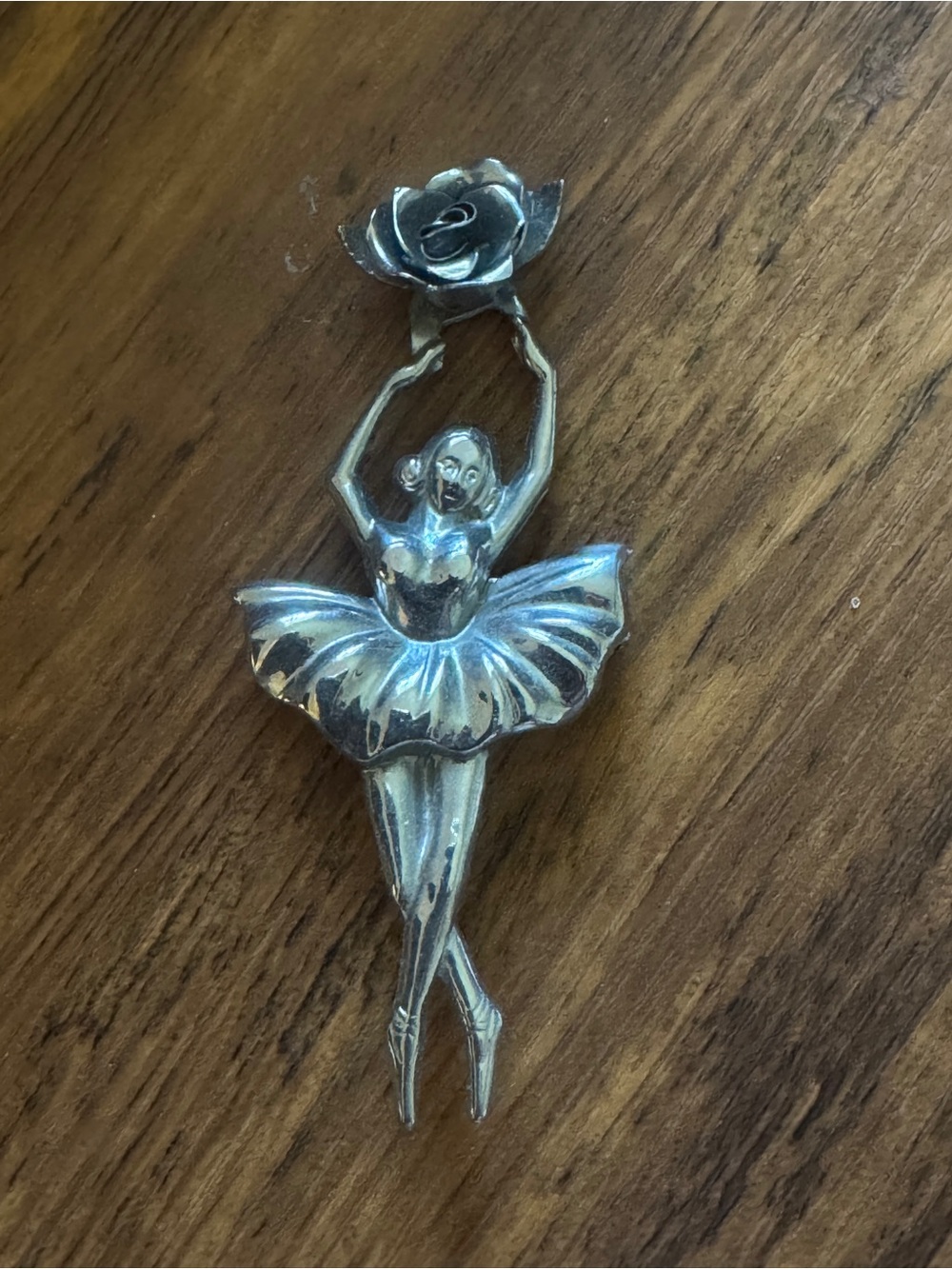 Vintage Silver Ballerina Brooch with Rose Accent